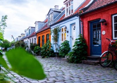 A row of house on a cobblestone street in Denmark