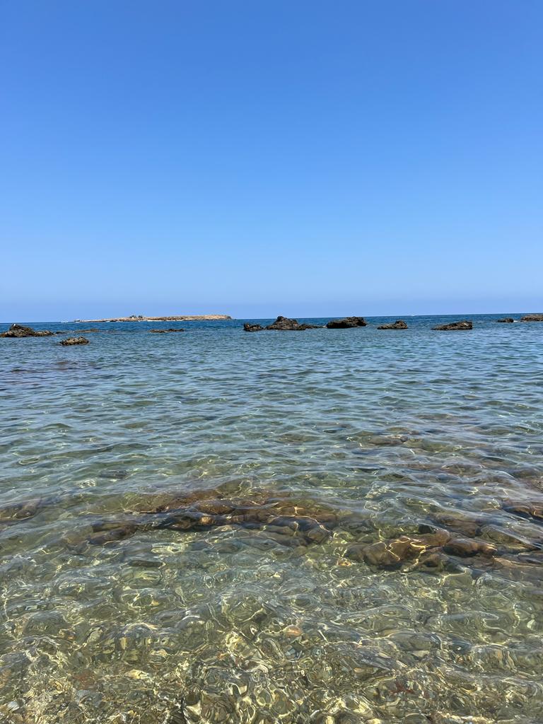 View of the ocean water and blue sky.