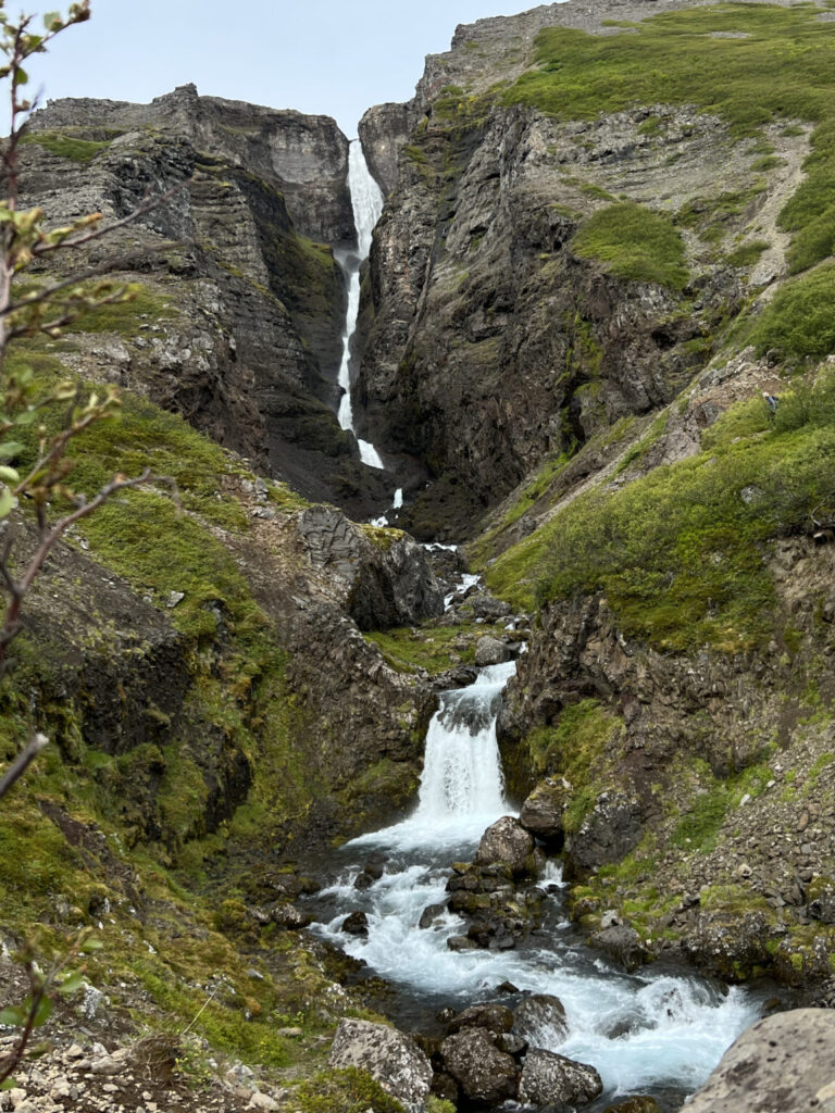 Rocky waterfall and green grass.