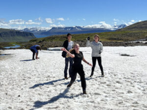 students hiking on snow