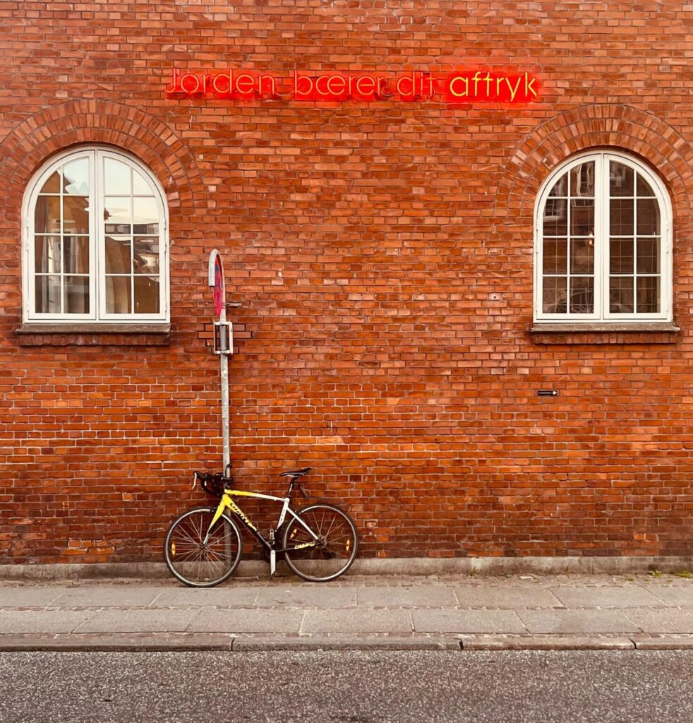 Bicycle leaning against brick wall.