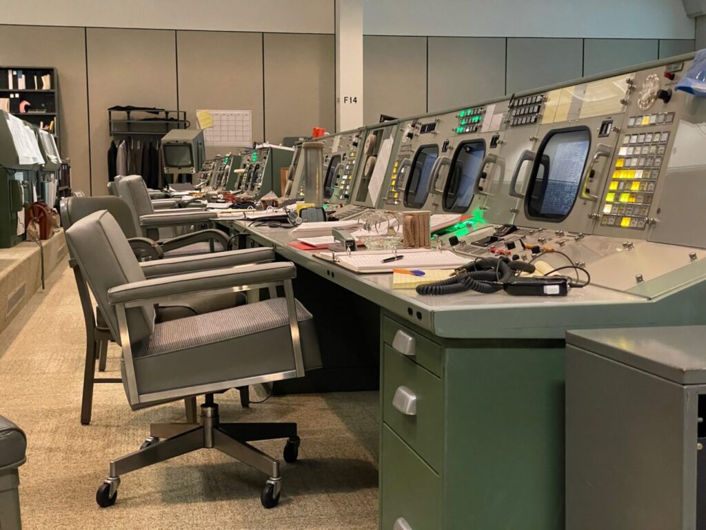 Chairs and old screens at Apollo mission control.